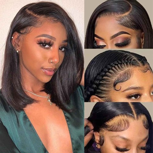 aallinine 13x4 Lace Front Bob Wigs Human Hair HD Lace Bob Wig Human Hair Straight Frontal Bob Wigs for Black Women Pre Plucked with Baby Hair 10 Inch Natural Color