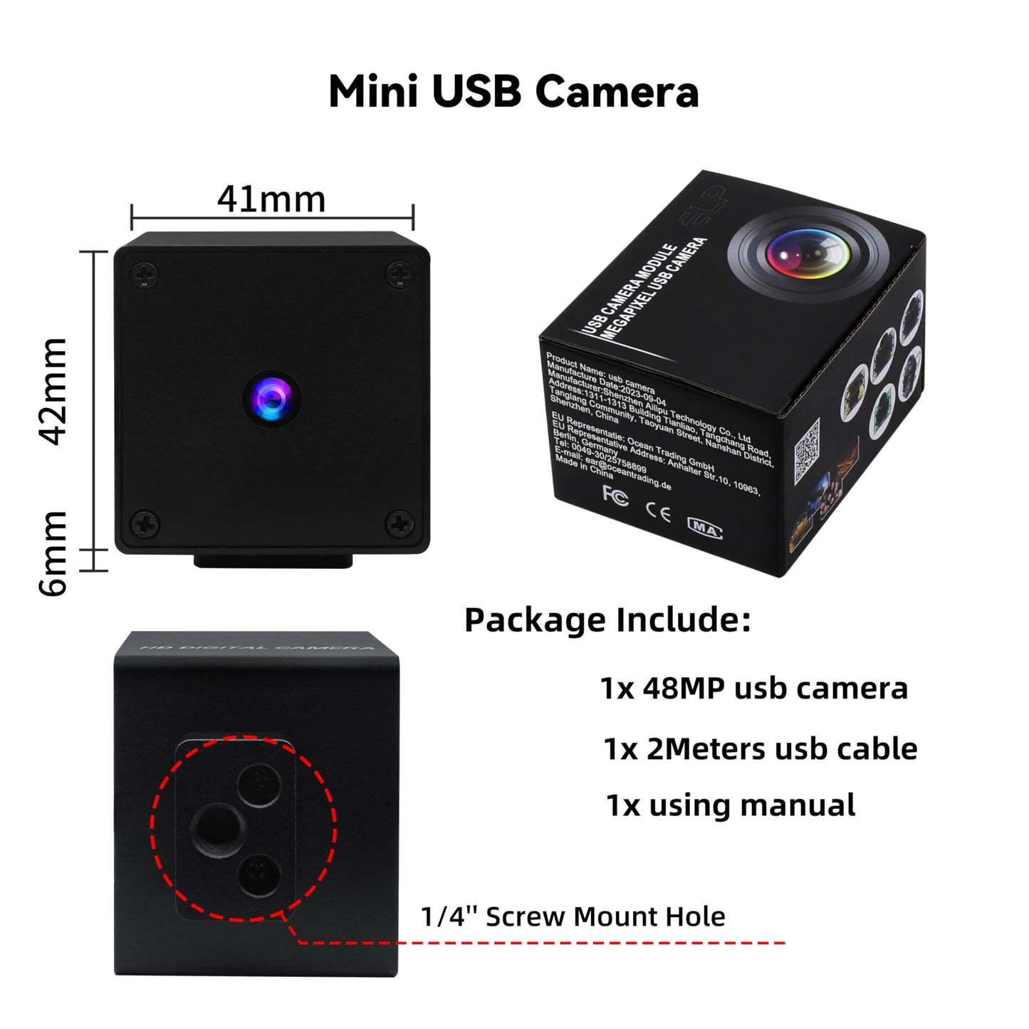 48MP Autofocus USB Camera - 4K UVC Mini Webcam with Metal Case, 8000x6000P 70 Degree No Distortion Lens PC Camera for Linux/Raspberry Pi, Plug & Play for Industrial/Lightburn/Video Conference