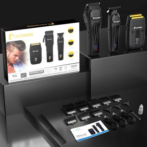 BESTBOMG® Hair Clippers for Men, Professional Hair Clippers, Beard Trimmer& Rechargeable Shaver Set, Metal T-Blade, LED Display, Barber Hair Cutting Kit for Men Grooming & Gifts, BS-808A (Black)