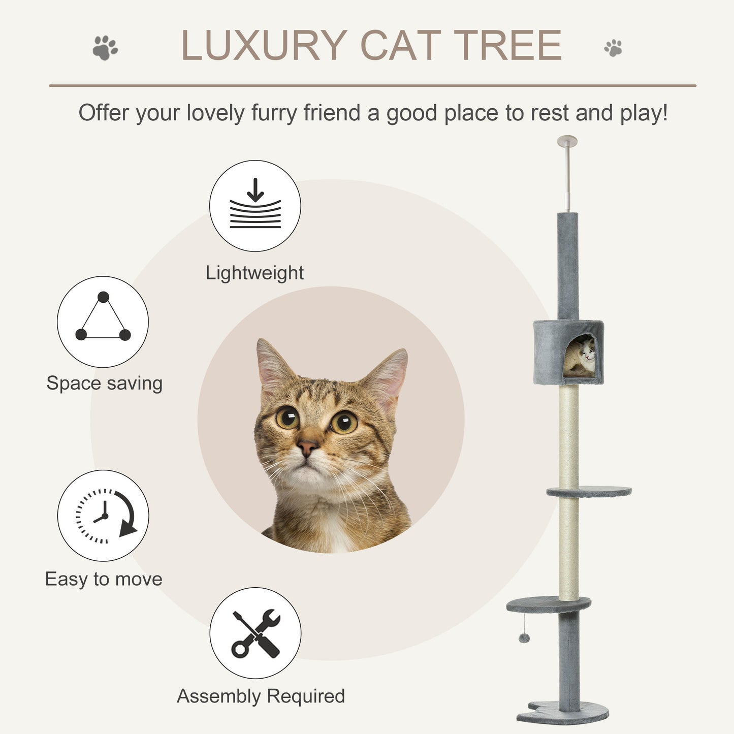 Height-Adjustable Floor-to-Ceiling Cat Tree with Scratching Posts & Toys - Light Grey