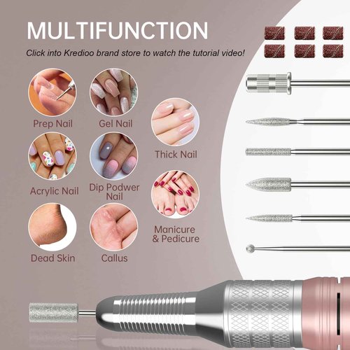 Kredioo Nail Drill, 35000RPM Nail Drills for Acrylic Nails Professional Cordless Electric File Rechargeable Portable Machine 6 Bits Dremel Tools for Women Manicure Pedicure Remove Gel Polish