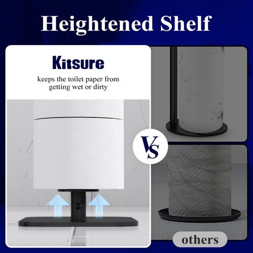 Kitsure Toilet Paper Holder Free Standing – Rustproof Metal Toilet Paper Stand for 4 Rolls with Anti-Slip Base and Shelf for Phone & Small Items, Bathroom Organizers and Storage, Medium, Black, 2Pack