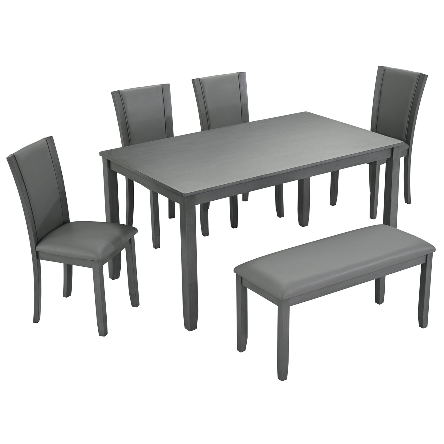 6-Piece Wooden Dining Table Set with Bench and Chairs - Gray