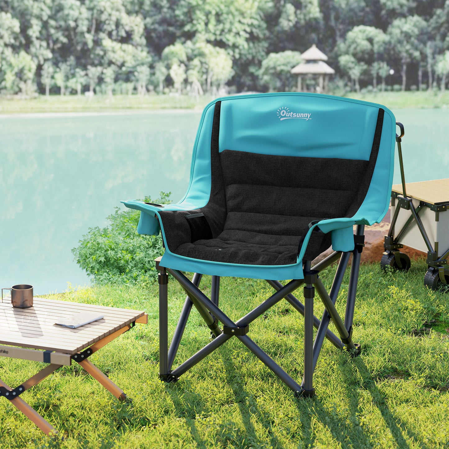 Portable Folding Camping Chair with Cup Holders & Carry Bag - Green/Black