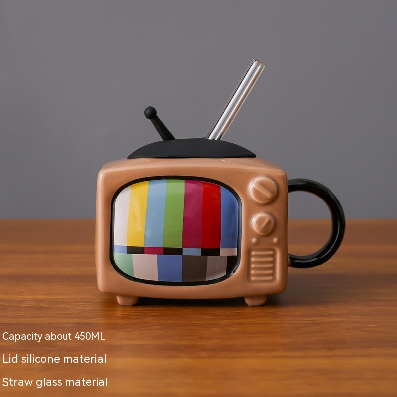 Creative Retro TV Ceramic Cup with Lid and Handle - 450ml, Multiple Colors