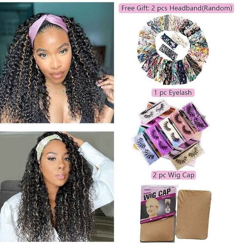 Punmasa Headband Wig Human Hair Deep Wave 20 Inches 1B/27 Headband wigs for women Glueless None Lace Front Wigs Machine Made 150% Density headband wig human hair with Headbands(20 Inches)