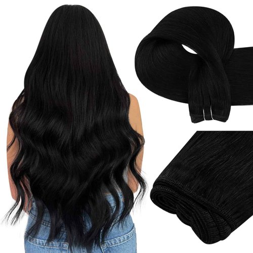Easyouth Sew in Hair Extensions Human Hair Black Hair Extensions Weft Jet Black Sew in Hair Extension Real Human Hair Natural Looking 22 Inch 100G