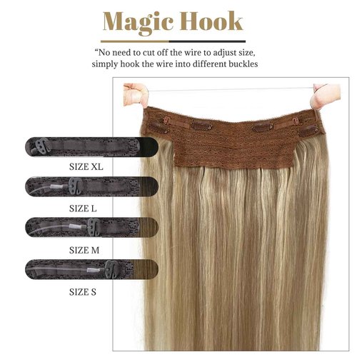 Wire Hair Extensions Real Human Hair, 22 inch 100g Ash Brown Highlighted Golden Blonde Fish Line Hair Extensions Real Human Hair Straight Balayage Invisible Wire Hair