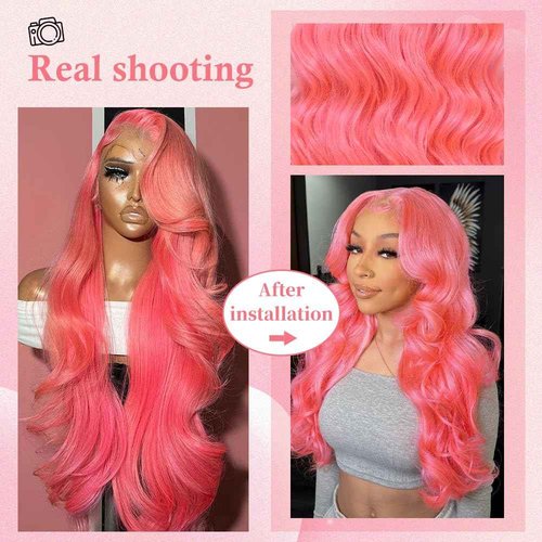 Pink Lace Front Wig Human Hair 200 Density Body Wave 13x4 HD Lace Front Wigs Human Hair Colored Pink Wig Human Hair Pre Plucked with Natural Hairline Anti-Shedding Freestyle Part for Parties 22 Inch