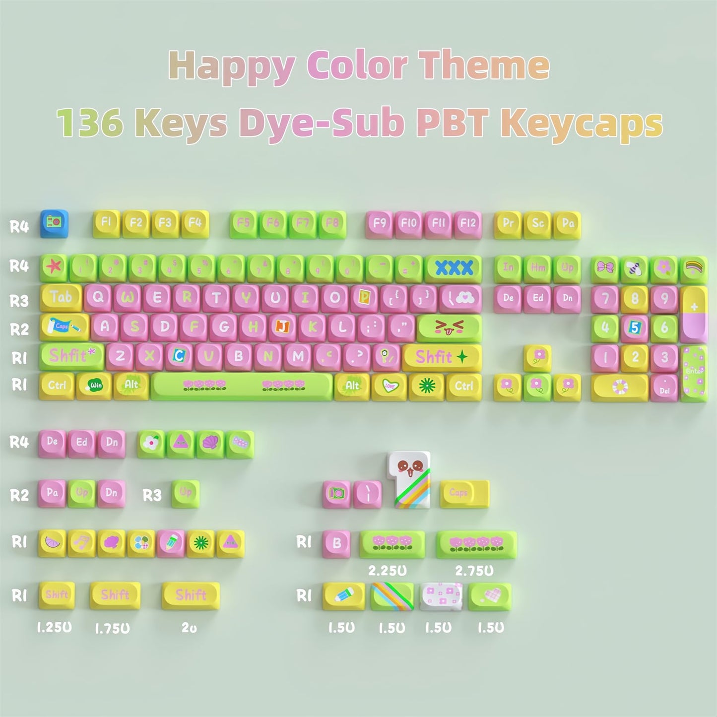 ZMX Cute PBT Keycaps,Kawaii Dye-Sub Custom Keycaps SOA Profile 136 Keys Full Size Keycap Set for 60% 65% TKL Full Size Cherry MX Switch ANSI Layout Mechanical Gaming Keyboard Creamy Keycaps (01)