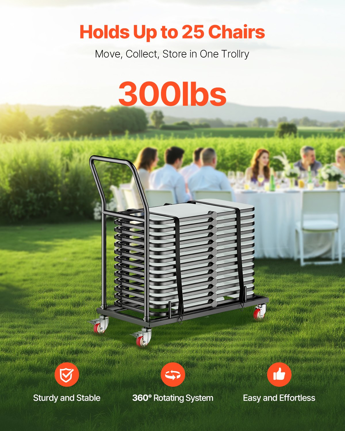 Folding Chair Storage Cart Heavy Duty 300Lbs Capacity for 25 Chairs Black