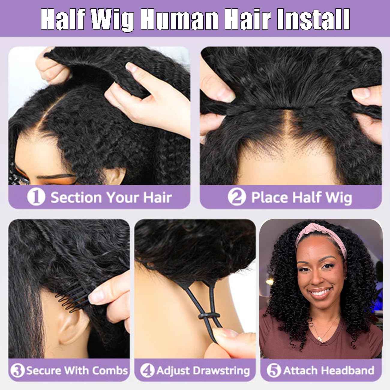 Half Wig Human Hair 210 Density Kinky Curly Half Wig for Black Women 3 In 1 Seamless Flip Over Human Hair Half Wig Glueless Wear and Go Beginner Friendly Drawstring Headband Wig Human Hair 14 inch