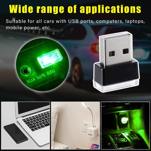 Augeny 4 PCS USB LED Car Interior Atmosphere Lamp, Plug-in USB Decor Night Light, Portable Auto Ambient Lighting Kit, Universal Vehicle Interior Accessories for Most Cars (Green)