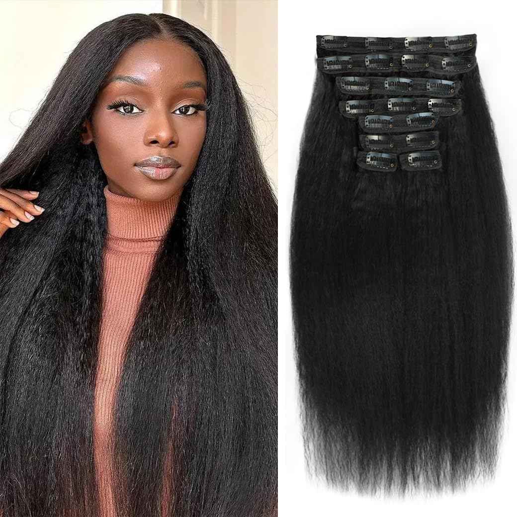 16 Inch Kinky Straight Clip ins 8Pcs 110g Clip in Hair Extensions Real Human Hair Yaki Straight Clipins for Black Women Full Head Brazilian Remy Hair Extensions Double Weft 20 Clips