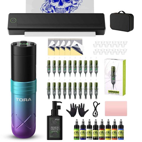 Filter Tattoo Printer Kit - Stencil Printer Machine with Tattoo Gun, 20Pcs Tattoo Cartridge Needles, 40Pcs Transfer Paper and 5OZ Stencil Gel for Beginners and Artists