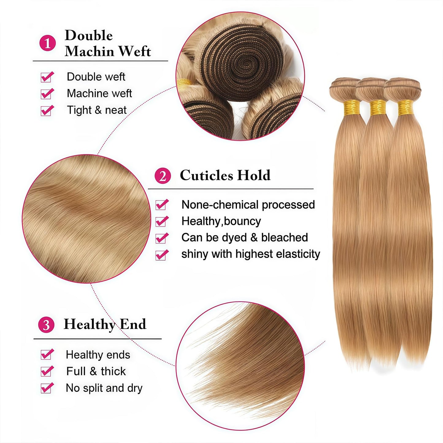 LUMWAV Straight Bundles Human Hair 26 28 30 Inch 12A Soft and Thick Honey Brown #27 Brazilian Virgin Hair Bundles for Black Women