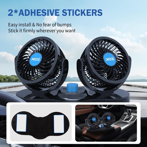 XOOL Car Fan 12V Portable Auto Cooling Fan, Dual Head Electric Car Fans Cigarette Lighter 360 Degree Rotatable Vehicle Fans for Truck SUV Sedan RV Van Boat Golf Cart