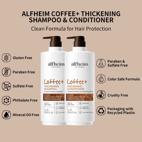 ALFHEIM Coffee+ Thickening Shampoo & Conditioner Set for Fine, Thin & Weak Hair with Caffeine, Biotin & Arabica Coffee Oil – Strengthening, Moisturizing & Volumizing Duo – Sulfate-Free – 33.8 oz × 2