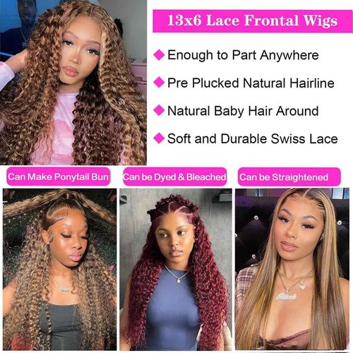 PXTPXT 30 Inch Honey Blonde Highlight Ombre Lace Front Wig Human Hair 200% Density 13x6 HD Deep Wave Curly Wig Pre Plucked with Baby Hair