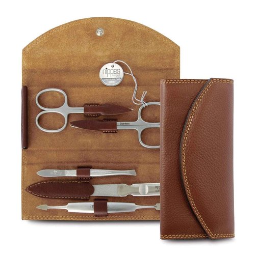 Nippes Solingen Manicure Set, 5-Piece, Stainless Steel and Nickel Free, Genuine Brown Cowhide Leather Case Made In Soligen Germany