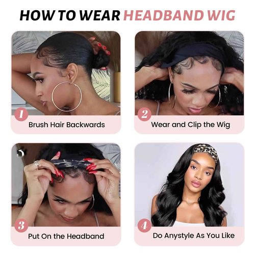 Emistar YAKI Body Wave Headband Wig Loose Curly Heabdand Wigs Glueless Synthetic Hair Natural Black Wigs for Black Women None Lace Front Wigs Headband Wigs 150% Density (Long)