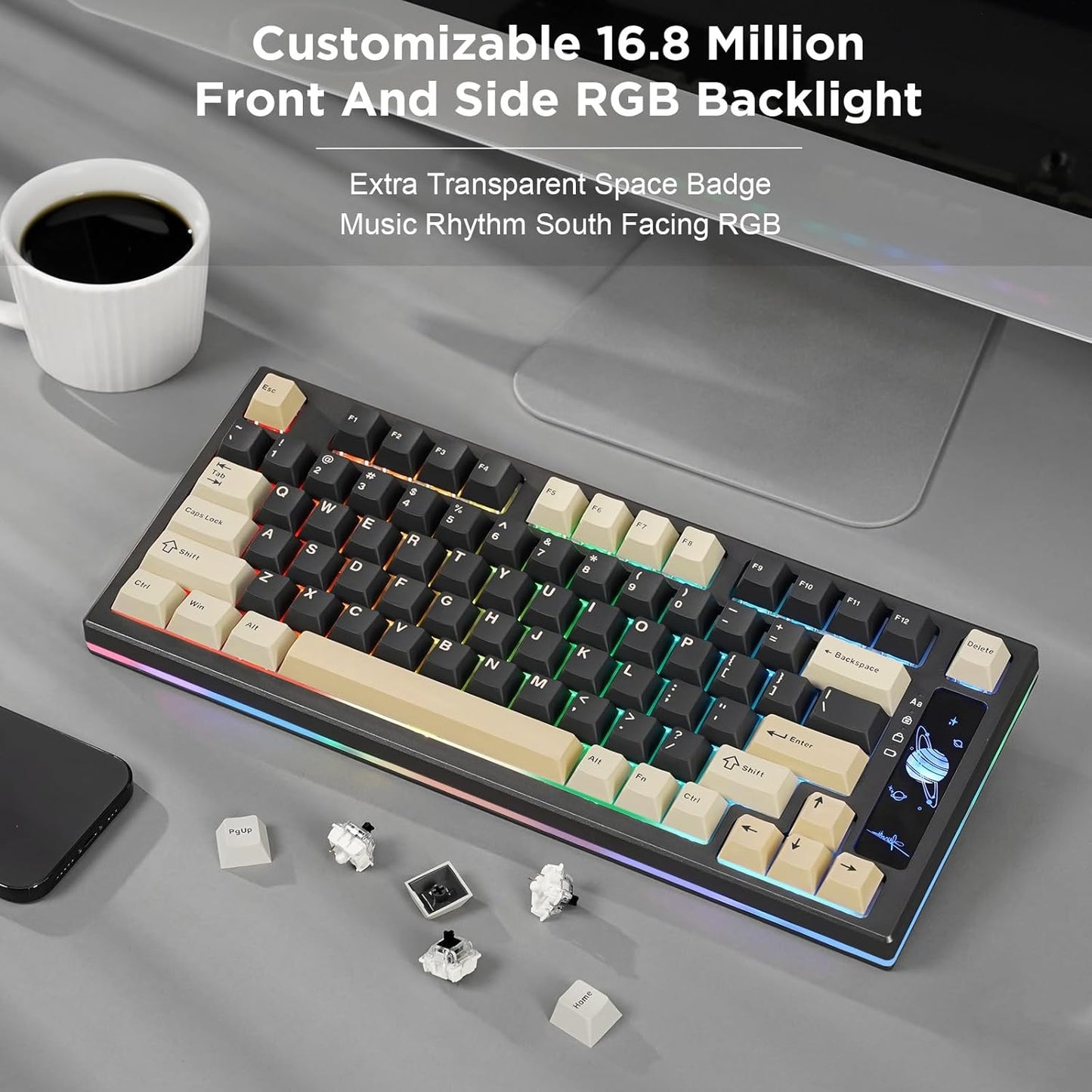 YUNZII YZ75 75% Hot Swappable Wireless Gaming Mechanical Keyboard, RGB Backlights, BT5.0/2.4G/USB-C, Dye Sub PBT Keycaps for Linux/Win/Mac(Gateron G Pro Red, Black)