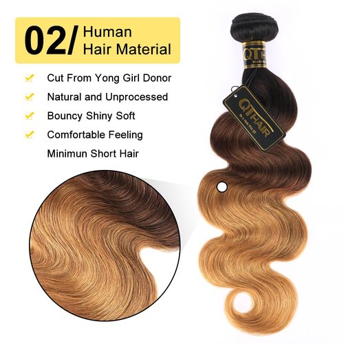 QTHAIR 16A Grade Ombre Body Wave Human Hair Bundles #1b/4/27 Color 24" 100g 100% Brazilian Body Wave Bundles Human Hair Extensions for Black Women