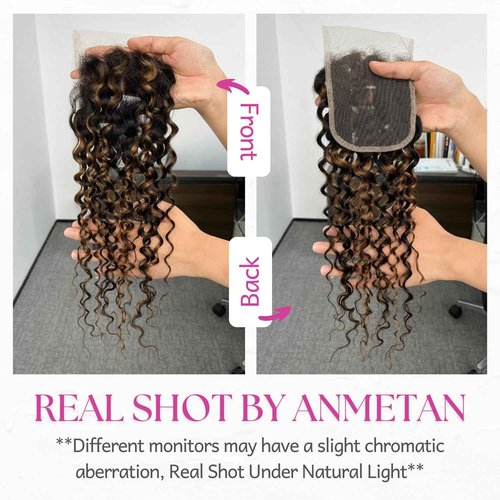 Anmetan Honey Blonde Highlight Black and Brown Ombre 4x4 Closure Water Wave Human Hair 20 In, 12A F1B30 Color Wet and Wavy 100% Remy Pre-plucked with Baby Hair Free-part Hairline 4x4 Lace Closure