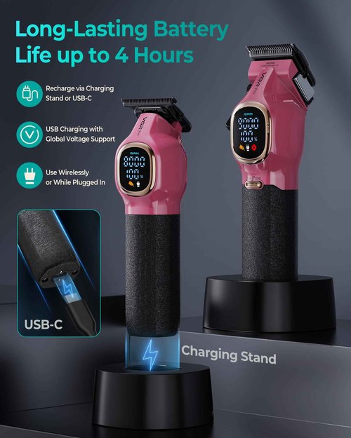 VGRPRO Professional Hair Clippers for Men, Professional Barber Clippers and Trimmer Set, Cordless Hair Clippers for Hair Cutting with Package Case, Powerful 9000 PRM Rechargable Electric (Pink)