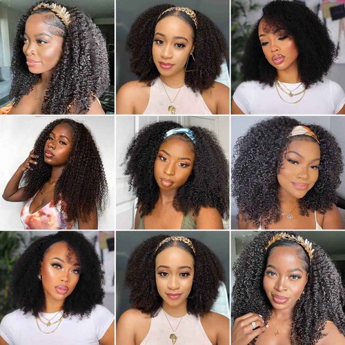 BLY Afro Curly Headband Wig Human Hair Half Wig for Women Glueless Kinky Curly Mongolian Wig 10A Grade 180% Density Natural Black Middle Part Headband Wigs 18 Inch