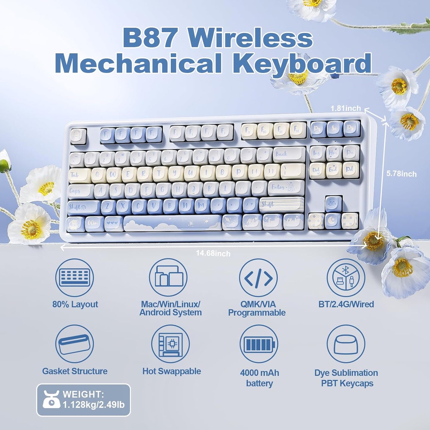 YUNZII B87 Wireless Mechanical Keyboard,QMK/VIA Programmable,TKL Layout 87 Keys,BT/2.4G/USB-C,Hot Swap Gasket Mount RGB Backlit Gaming with Wrist Rest for Win/Mac(Purple, Cocoa Cream V2)
