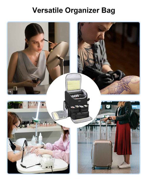 Relavel Tattoo Travel Case, Large Tattoo Bag Backpack with 3 Clear Bags for Tattoo Stencil Printer, Equipment and Supplies Travel Carring Case with Adjustable Dividers & Easy to Clean Lining, Black