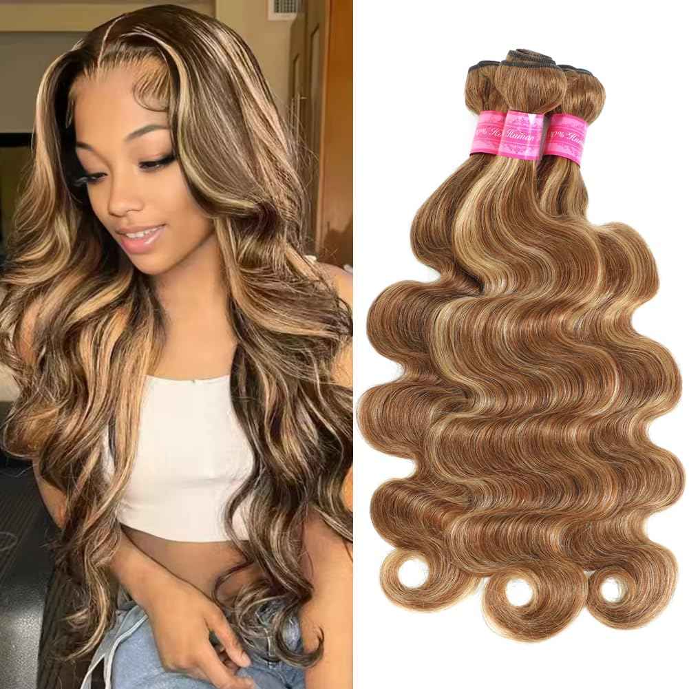 Highlight Human Hair Bundles Body Wave P4/27 Ombre Brown Body Wave Bundles Colored (14 16 18 Inches) Honey Blonde Human Hair Brazilian Virgin Hair Weave 100% Natural Herbal Dyeing