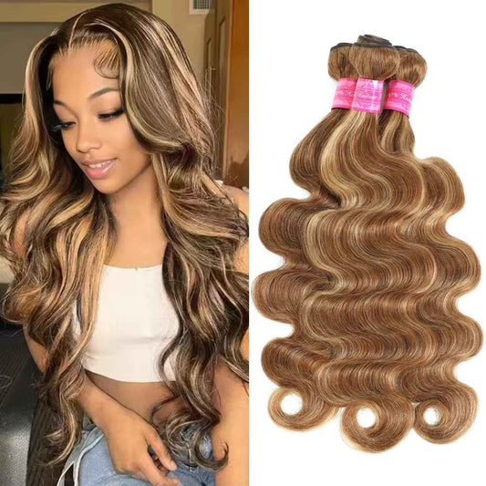 Highlight Human Hair Bundles Body Wave P4/27 Ombre Brown Body Wave Bundles Colored (14 16 18 Inches) Honey Blonde Human Hair Brazilian Virgin Hair Weave 100% Natural Herbal Dyeing
