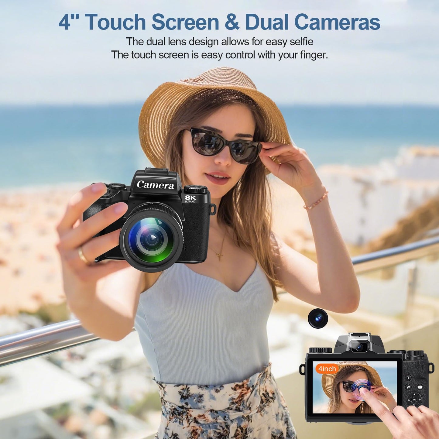 8K Digital Cameras for Photography, WiFi 64MP Vlogging Camera for YouTube, 4" Touch Screen Travel Camera with Dual Lens, Auto Focu, 16X Digital Zoom, 3000mAh Batteries, 32GB Card, Black