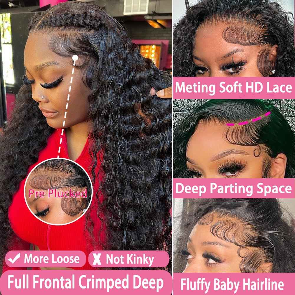 250 Density Deep Wave Lace Front Wigs Human Hair Curly Wig Wet and Wavy Lace Front Wigs Pre Plucked Frontal Wigs 24 Inch 100% Real Human Hair No Synthetic No Tangle No Shedding Triple Lifespan 3X