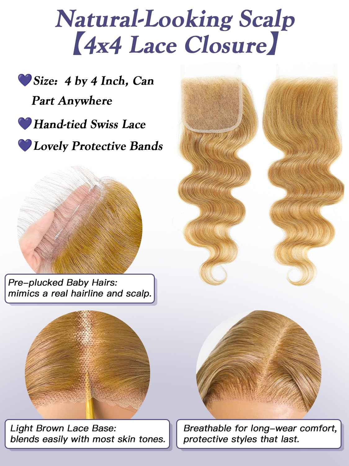 Honey Blonde Bundles with Closure Human Hair Body Wave 10 12 14+10 Inch, Color 27 Golden Ash Blonde 3 Bundles with 4x4 HD Closure 12A 100% Raw Brazilian Virgin Hair Sew In Weave with 4x4 Closure #27