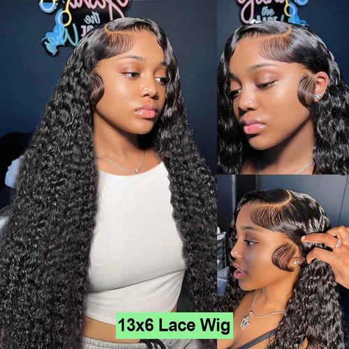 QNCKS 13x6 Deep Wave Lace Front Wigs Human Hair HD Lace Frontal Wigs Human Hair Pre Plucked 200% Density Deep Curly Wig for Women Natural Black 20 Inch