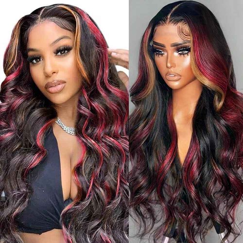 MARRY MOON 13x6 Burgundy Lace Front Wigs Glueless Pre Plucked Red Blonde Highlight Omber Lace Front Wigs 180% Density Wear and Go Wigs 22Inch