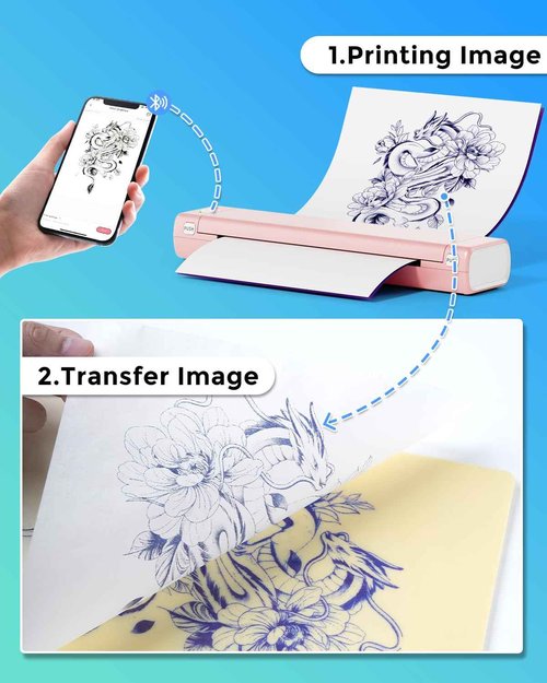 Phomemo M08F Bluetooth Tattoo Stencil Printer & Tattoo Transfer Paper - 45 Sheets A4 Size Portable Stencil Printer for Tattooing, Compatible with Smartphone & PC, Pink