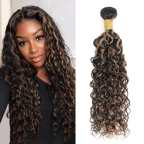 Water Wave Curly 1b/30 Human Hair Bundles 28 Inch - Brown Highlight and Black Balayage Bundles Wet and Wavy Sew In Weave, 12A Glossy 100% Unprocessed Brazilian Raw Virgin Hair, P1b/30 Color, Single