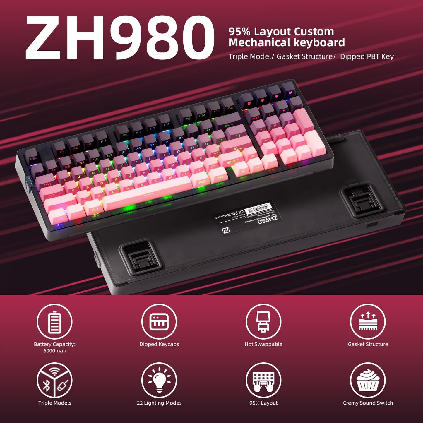 ZORNHER ZH980 Wireless Mechanical Gaming Keyboard,95% Pink Hot-Swappable Custom Creamy Keyboard with Number Pad,Lighted Up PBT Keycaps,Pre-lubed Linear Switches,RGB Backlit,2.4GHz/USB-C/BT5.0