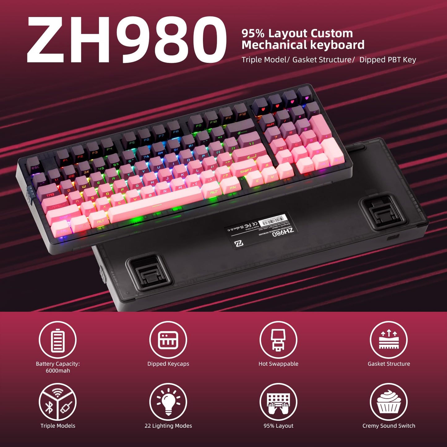 ZORNHER ZH980 Wireless Mechanical Gaming Keyboard,95% Pink Hot-Swappable Custom Creamy Keyboard with Number Pad,Lighted Up PBT Keycaps,Pre-lubed Linear Switches,RGB Backlit,2.4GHz/USB-C/BT5.0