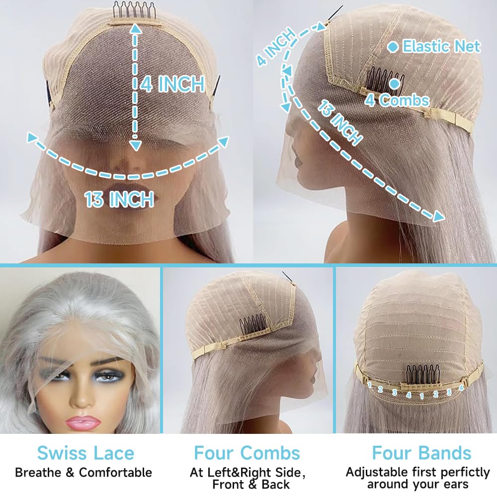 Grey Human Hair Wig 13X4 Body Wave Grey Lace Front Wigs Human Hair Pre Plucked with Baby hair 180% Density Colored wigs for Women 24 inch