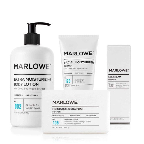 MARLOWE. No. 123 Men's Facial Moisturizer 6 oz | MARLOWE. 002 Extra Moisturizing Body Lotion 15 oz | MARLOWE. No. 108 Polishing Soap Bar | MARLOWE. No. 127 Mens Eye Cream