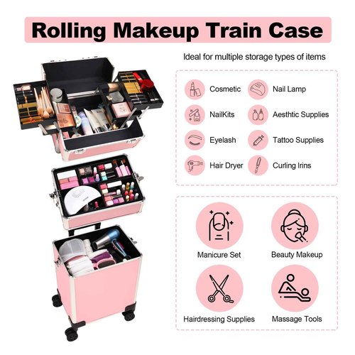 Rolling Makeup Case, Cosmetology Case on Wheels with Large Storage, Durable Design, Ideal Gift for Makeup Artists, Hairstylists, Nail Techs, Portable Beauty Organizer for Travel or Salon Use, Pink