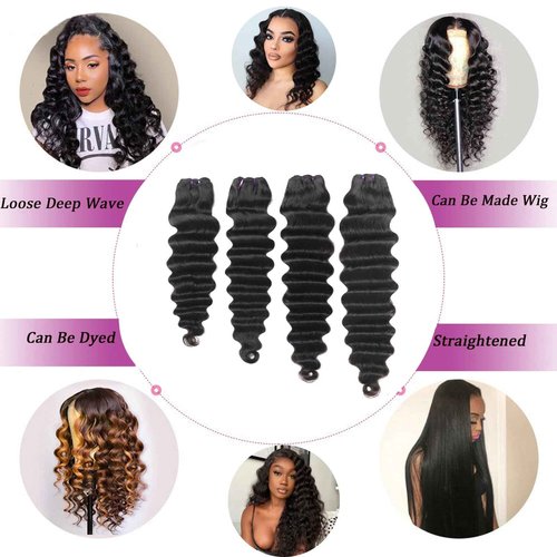 Loose Deep Wave 4 Bundles Human Hair 22 20 18 16 Inch 100% Unprocessed Brazilian Virgin Weave Hair Bundles Wavy Human Hair Natural Color for Black Women