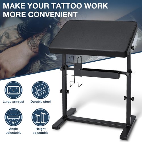 Udefineit XL Large Tattoo Arm Rest with Black PU Leather Pad, Adjustable Height & Angle Arm Rest Tattoos Supplies Storage Stand, Professional Tattoo Armrest with Four-corner Base Stability Strongly