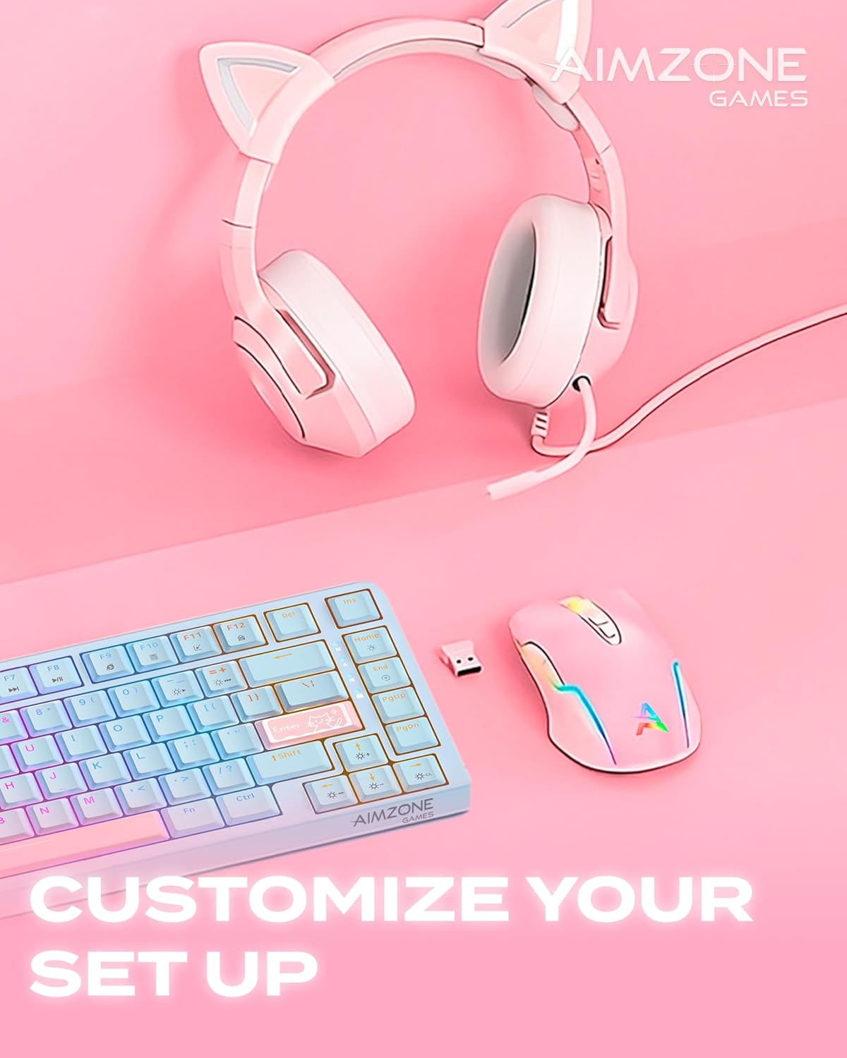 Aimzone Pink Gaming Mouse with RGB, USB Wireless Mouse for Gaming with Adjustable DPI, Multiple LED Lightning Effects, Rechargeable Wireless Mouse, Full Compatible with Mac & Windows (Pink)