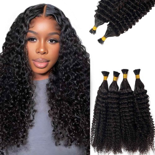 Itip Hair Extensions Real Human Hair Long Curly I Tip Extensions 24 Inch 50g 50s, #1B Natural Black Cold Fusion I Tip Hair Extension Burmese Human Hair Kinky Curly I Tips for Black Women